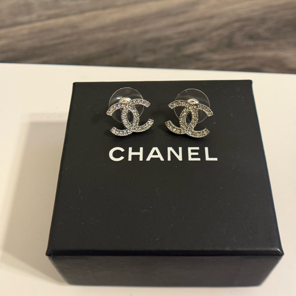 CHANEL Classic Small Silver CC Logo Crystal Stud Earrings